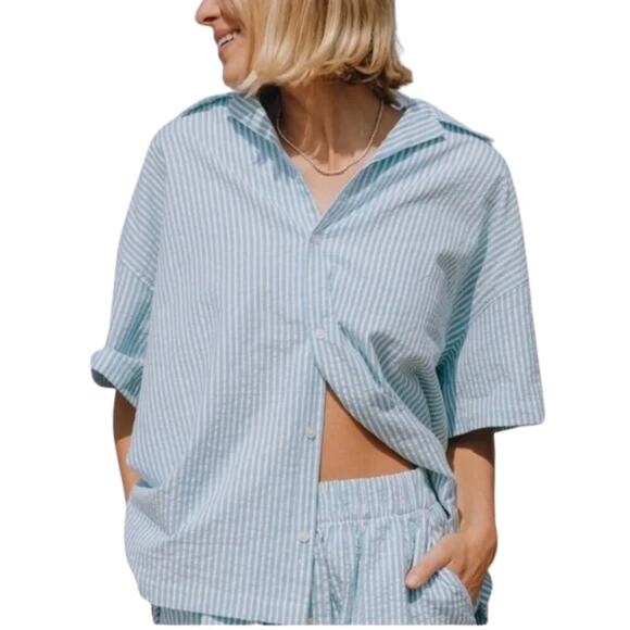 Daily Drills Seersucker Striped Cotton Top Short Sleeve Blue White Size XS / S - Picture 1 of 5
